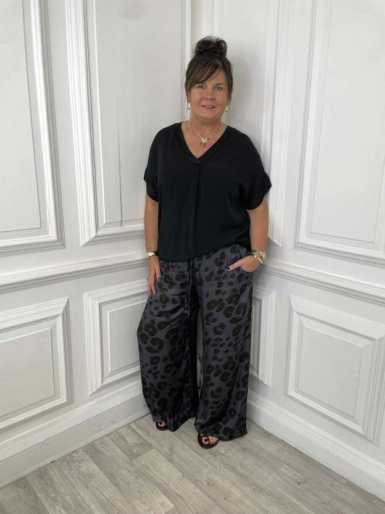 Leopard Silk Mix Palazzos - Slate