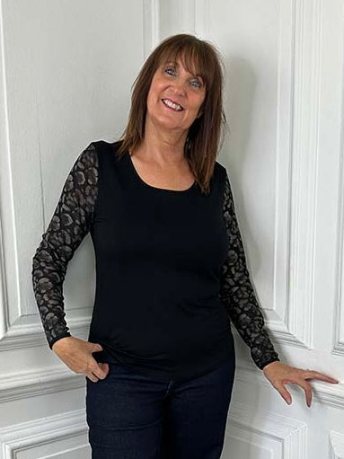 Malissa J Mesh Sleeve Top - Black