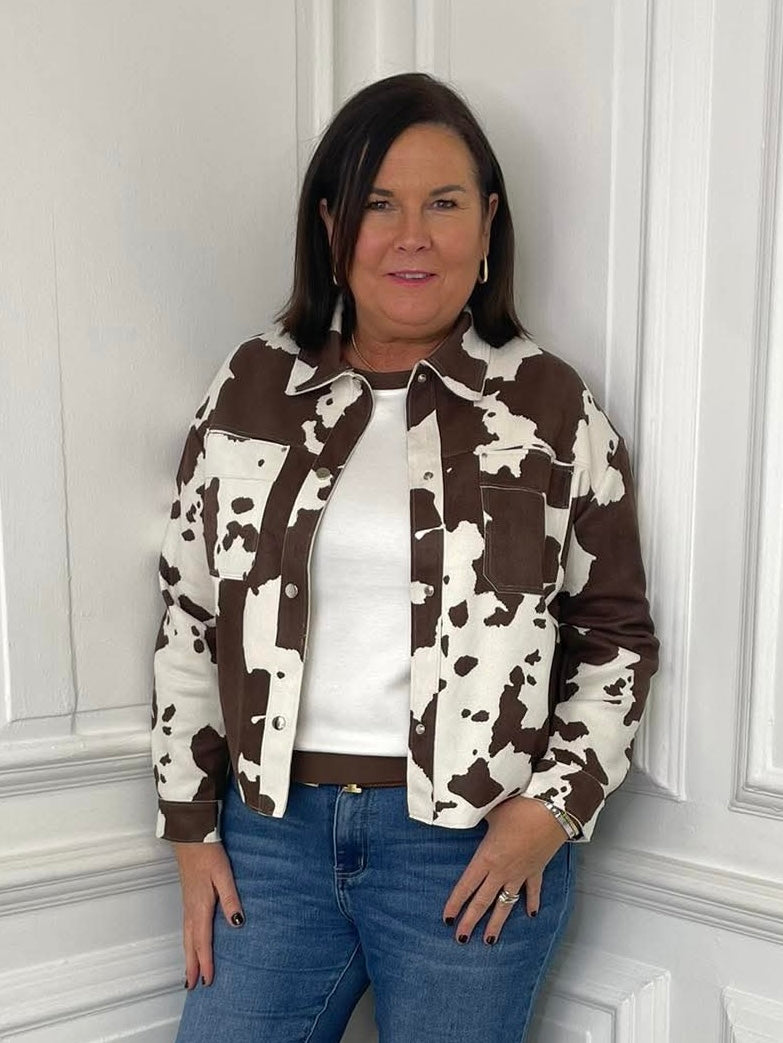 Malissa J Faux Suede Cow Print Jacket