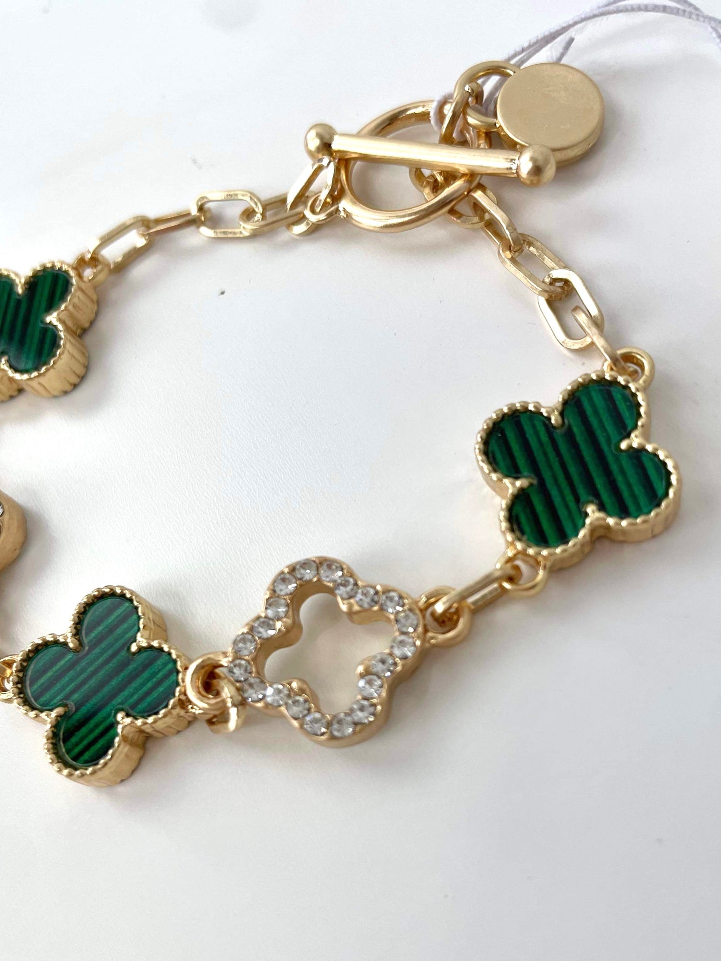Envy Alhambra Diamanté T-Bar Bracelet - Gold & Green