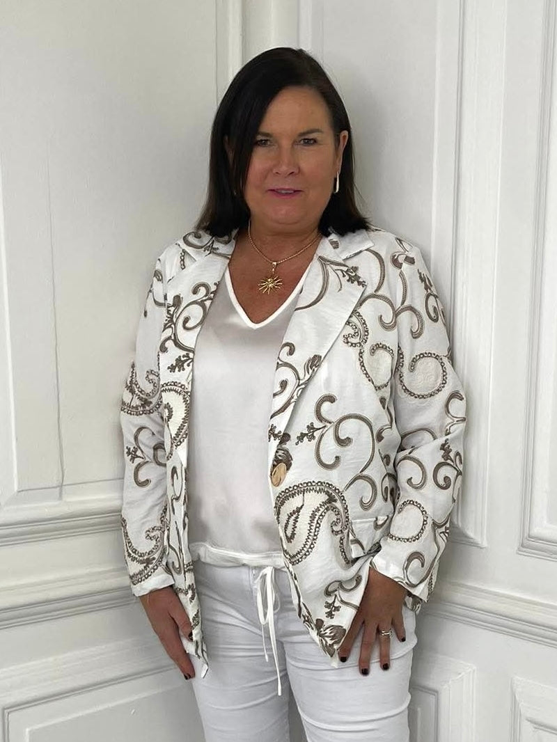 White paisley blazer with gold swirl print, relaxed fit for womens fashion and everyday wear. - Malissa J Paisley Blazer - White