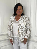 White paisley blazer with gold swirl print, relaxed fit for womens fashion and everyday wear. - Malissa J Paisley Blazer - White