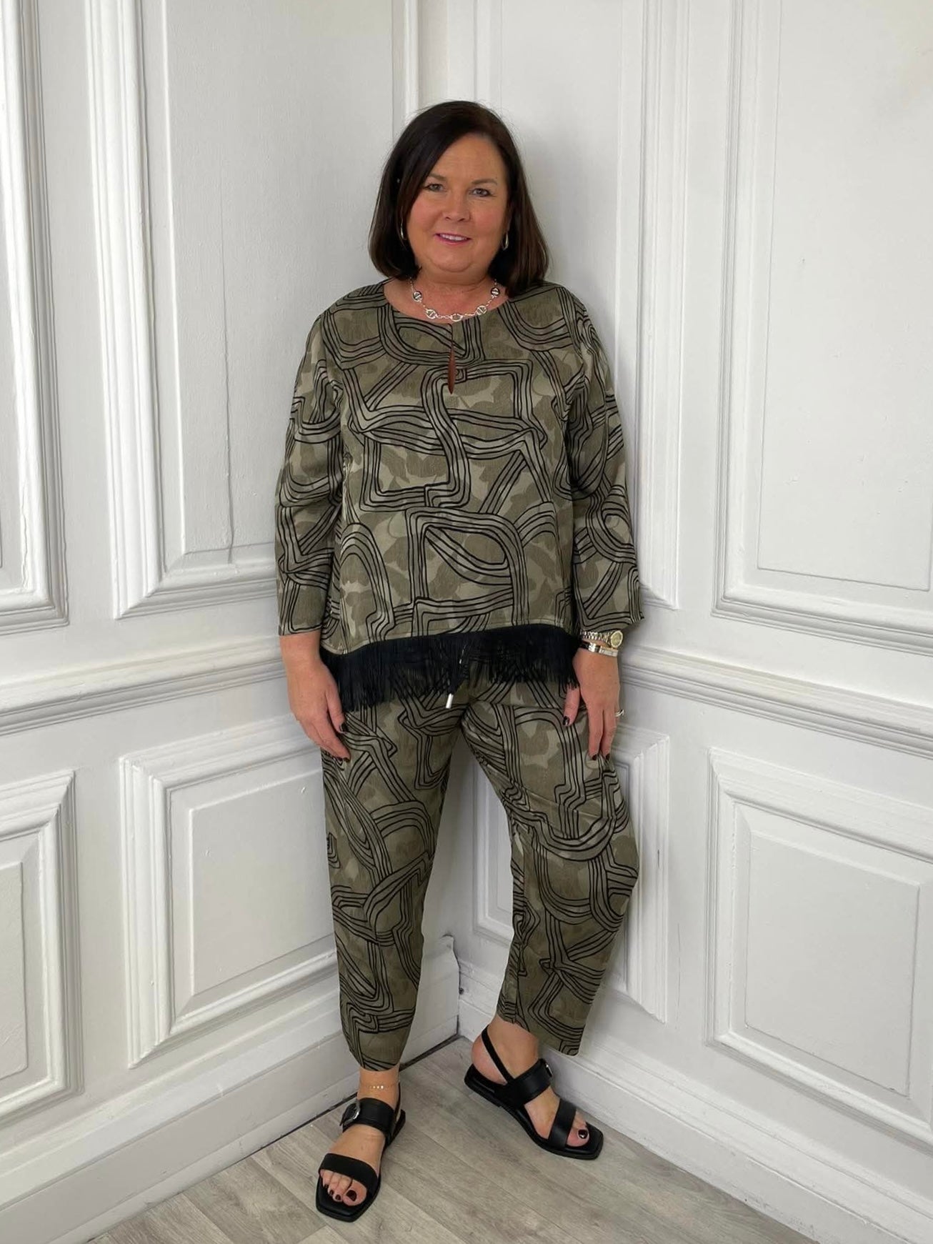 Malissa J Abstract Fringed Top - Taupe