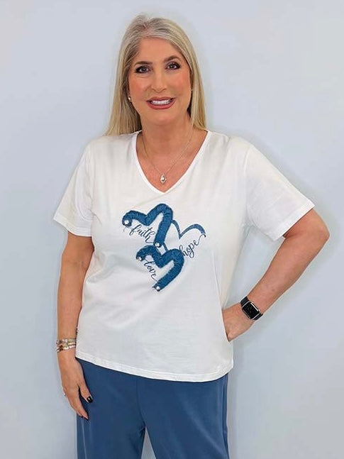 Malissa J Denim Heart Tee - White