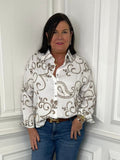 White paisley print shirt with relaxed styling, button front, perfect for womens fashion everyday wear and modern outfits. - Malissa J Paisley Shirt - White
