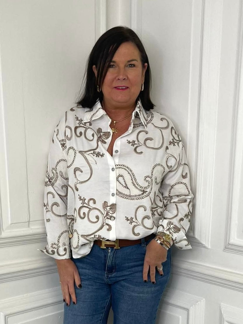 White paisley print shirt with relaxed styling, button front, perfect for womens fashion everyday wear and modern outfits. - Malissa J Paisley Shirt - White