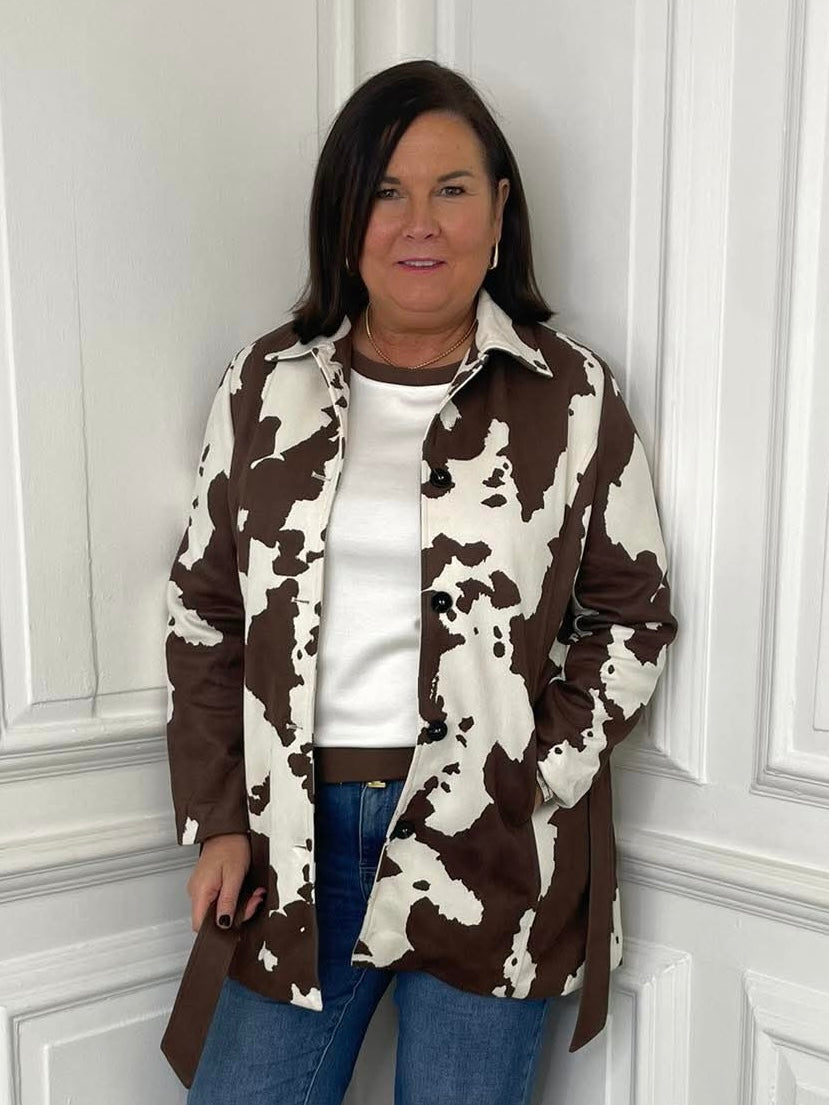 Malissa J Faux Suede Cow Print Belted Jacket