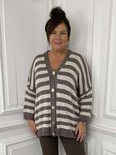 Oversized Striped Cardigan - Taupe