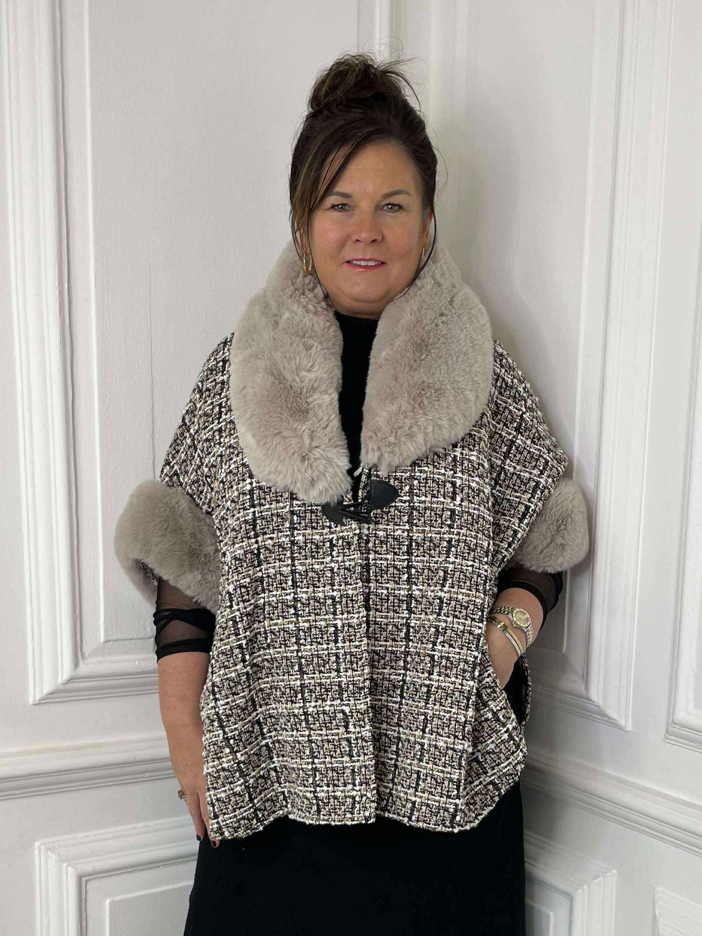 Tweed & Faux Fur Cape - Stone