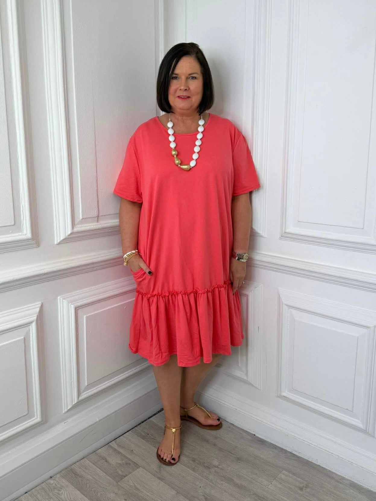 Drop Peplum Hem Dress - Coral