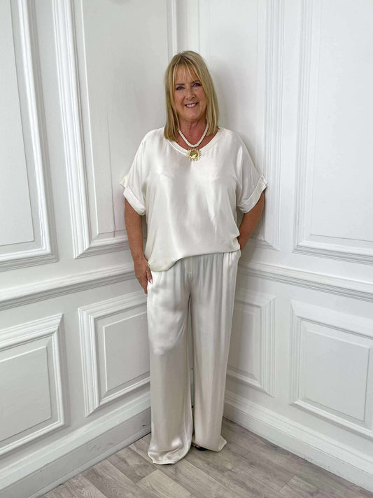 Silk Feel Wide Leg Trousers - Champagne