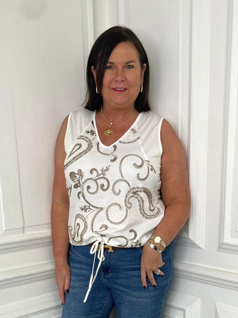 White paisley drawstring vest with relaxed fit, perfect for womens fashion and everyday wear in a modern outfit style. - Malissa J Paisley Drawstring Vest - White