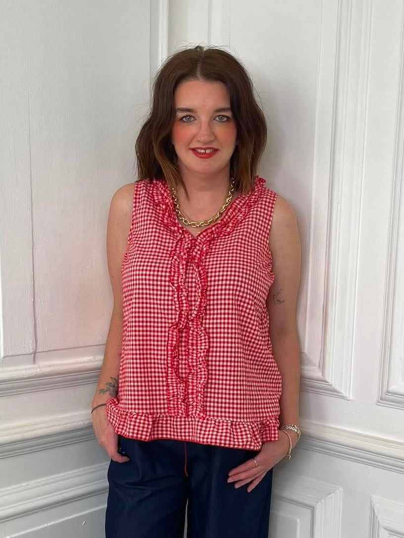 Cottage Check Ruffle Top - Cherry