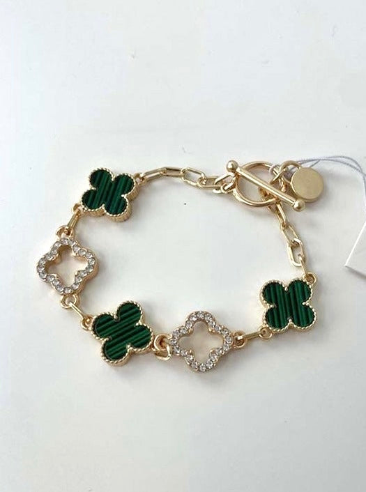 Envy Alhambra Diamanté T-Bar Bracelet - Gold & Green
