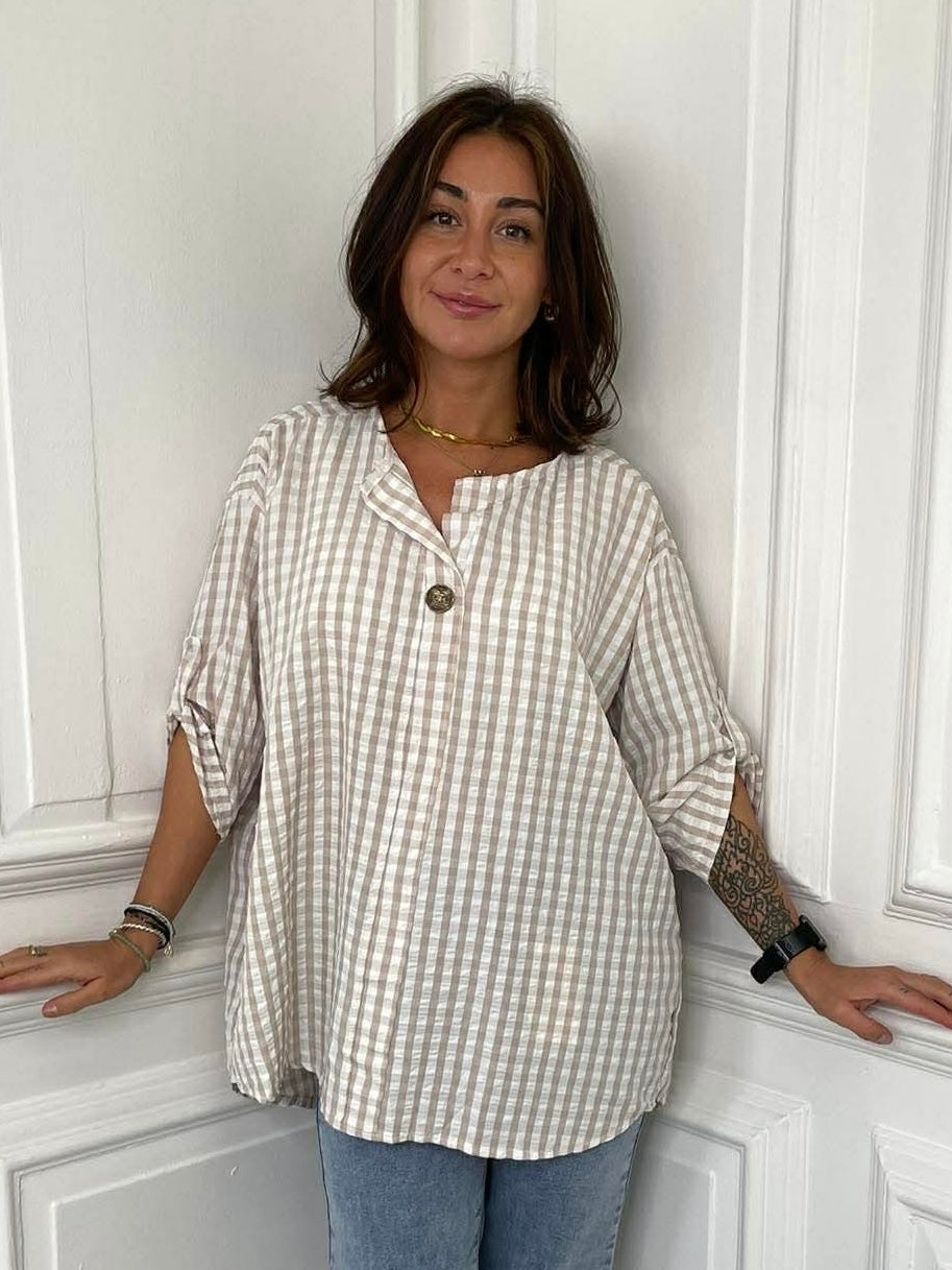 Gingham Dip Back Top - Stone