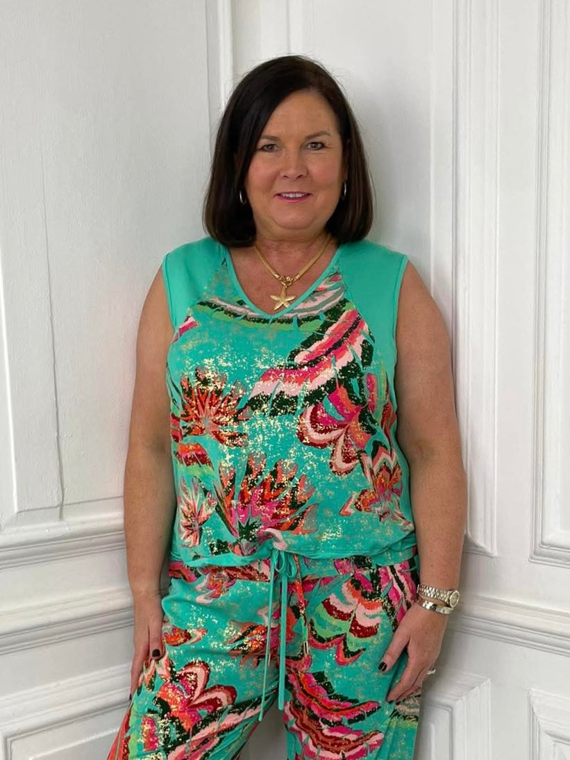 Green silk feel drawstring vest with tropical print, relaxed styling for womens fashion and everyday wear. - Malissa J Silk Feel Drawstring Vest - Jade Rio