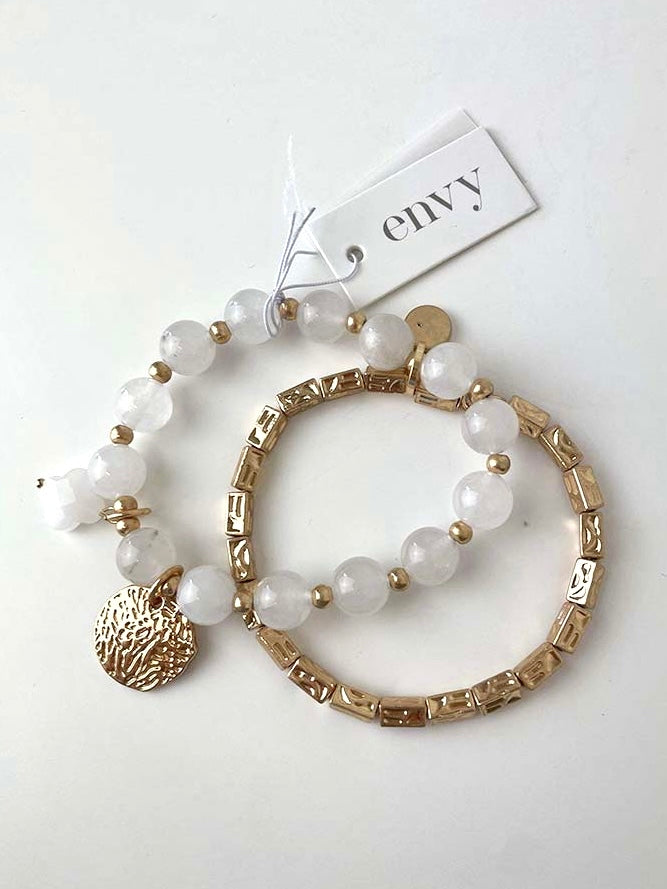Envy Double Strand Coin & Alhambra Pendant Bracelet - Gold & White
