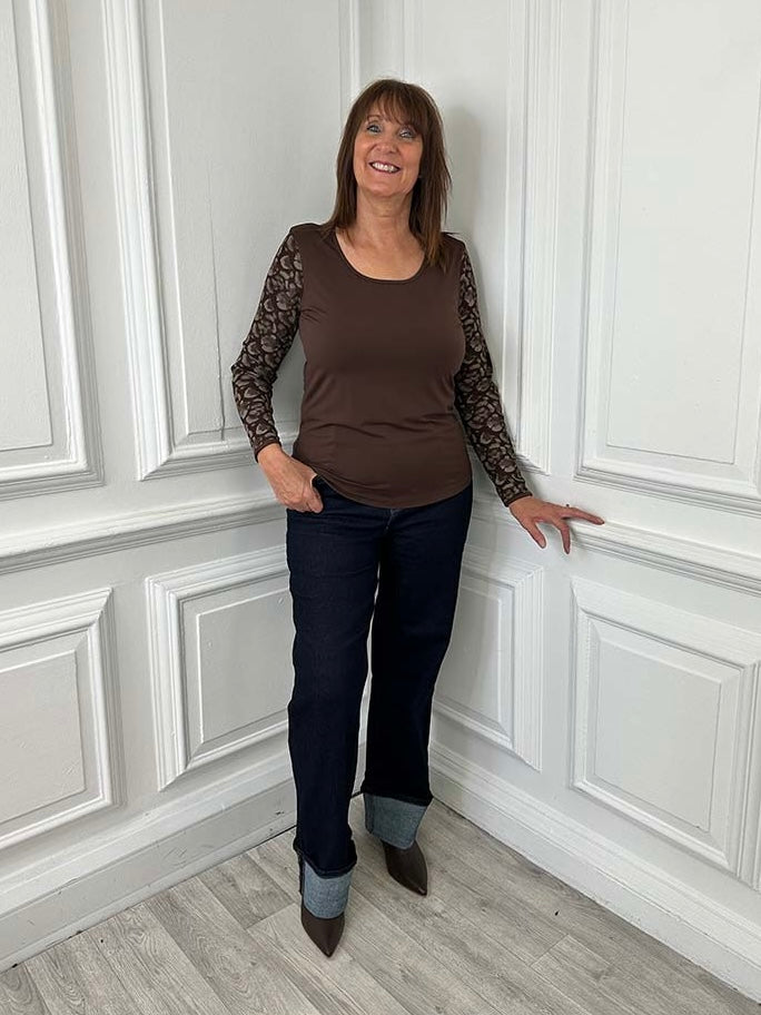 Malissa J Mesh Sleeve Top - Brown