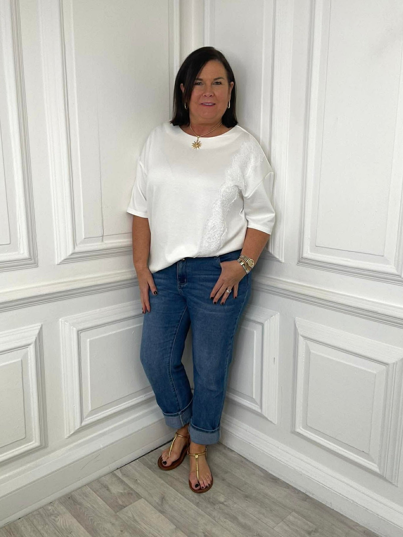 Malissa J Lace Trim Top - Warm White