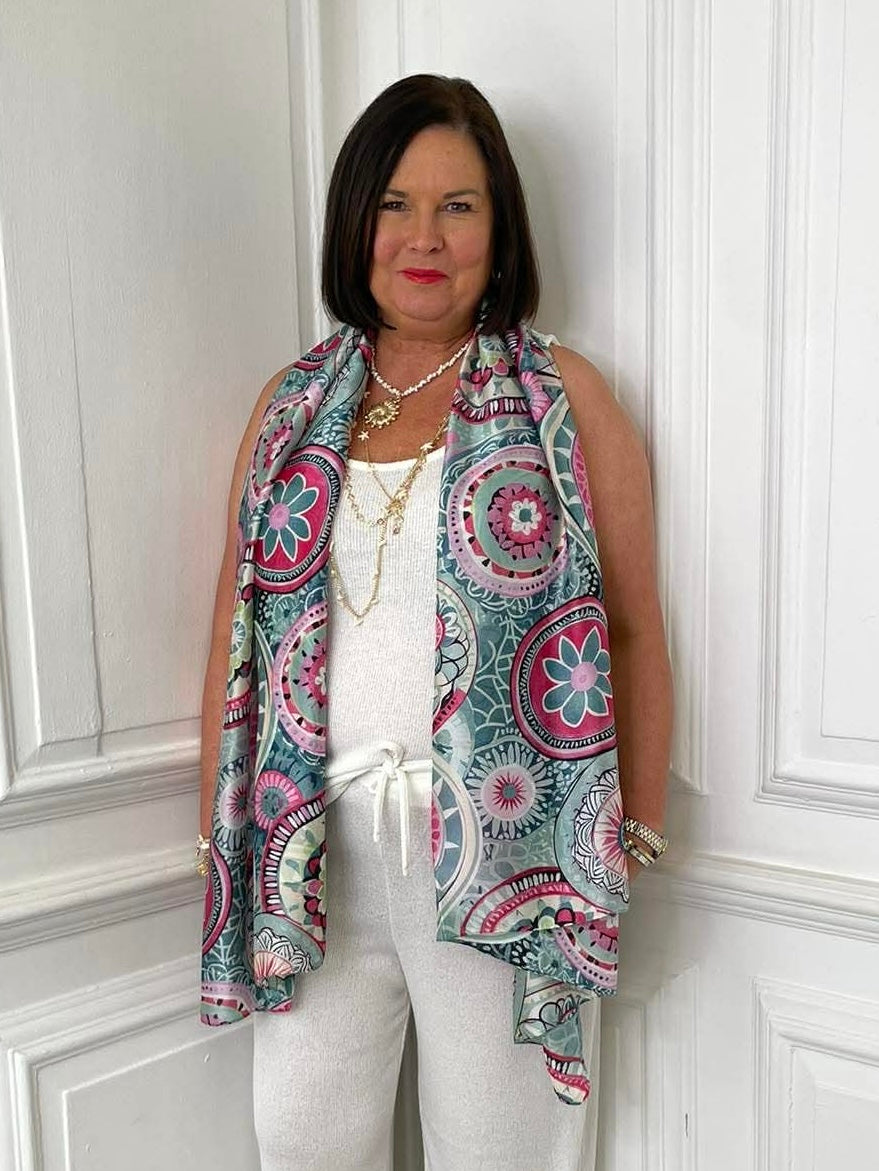 Aqua tile patterned scarf draped over white sleeveless top and pants, perfect for womens fashion and relaxed styling. - Malissa J Tile Scarf - Aqua
