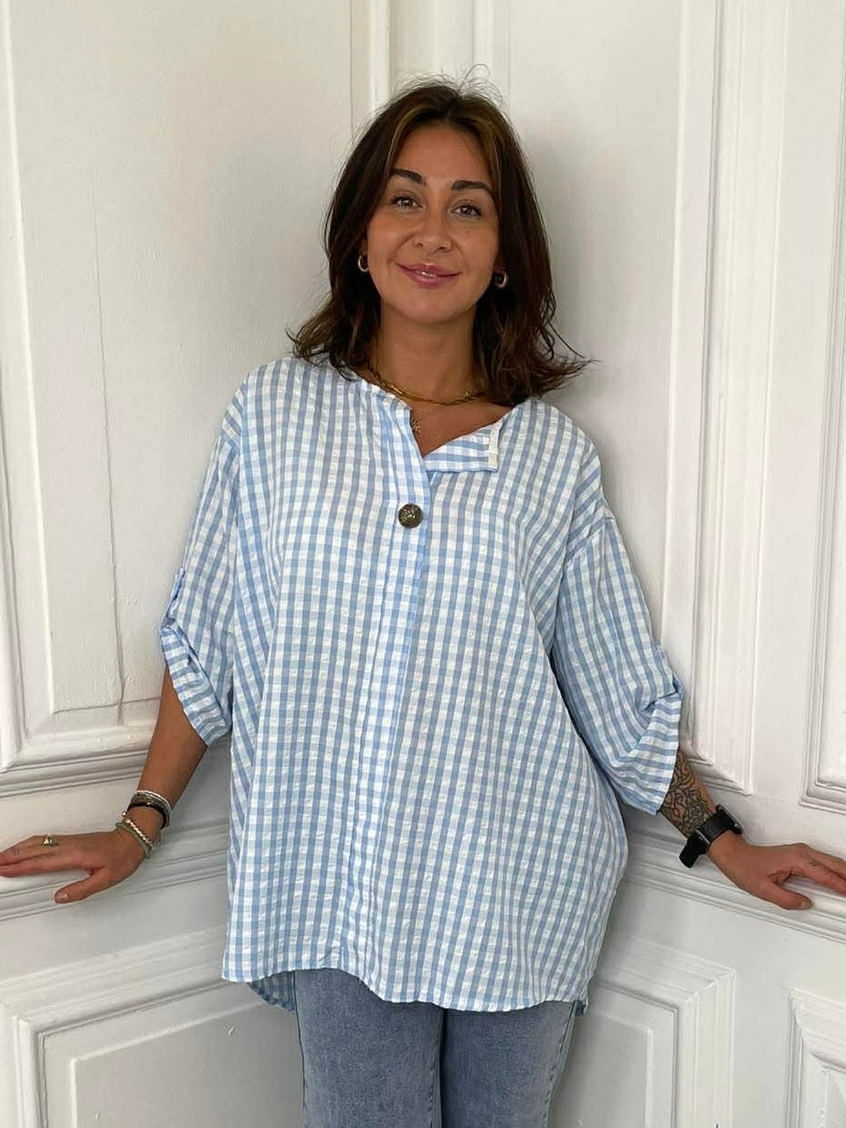 Gingham Dip Back Top - Sky