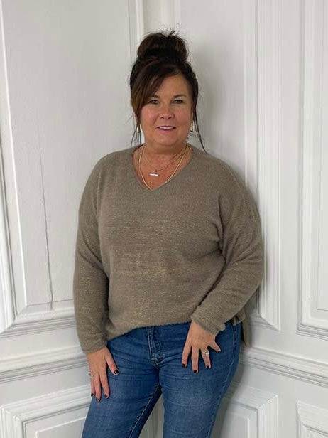 Eyelash V-Neck Knit - Taupe