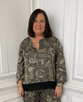 Taupe abstract print womens fashion top with black fringe hem, relaxed styling for everyday wear, modern outfit. - Malissa J Abstract Fringed Top - Taupe