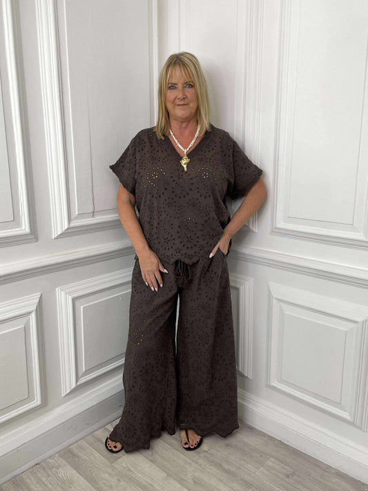 Broderie Anglaise Cotton Trousers - Chocolate
