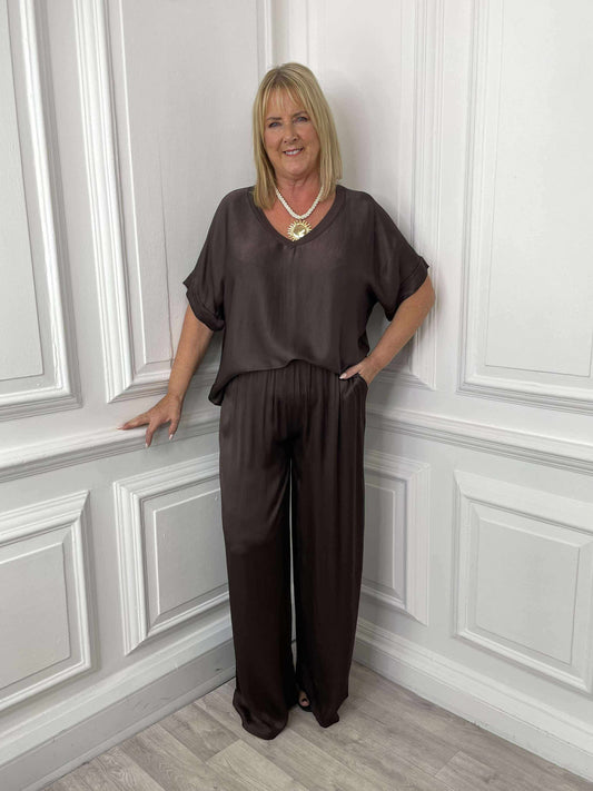 Silk Feel Wide Leg Trousers - Chocolate