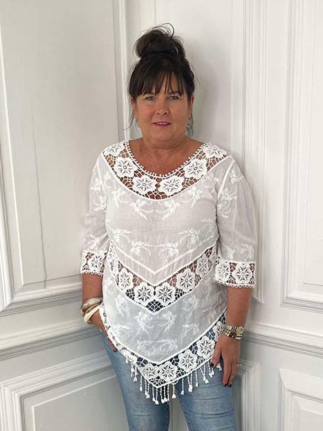 Floral Crochet Fringed Top - White