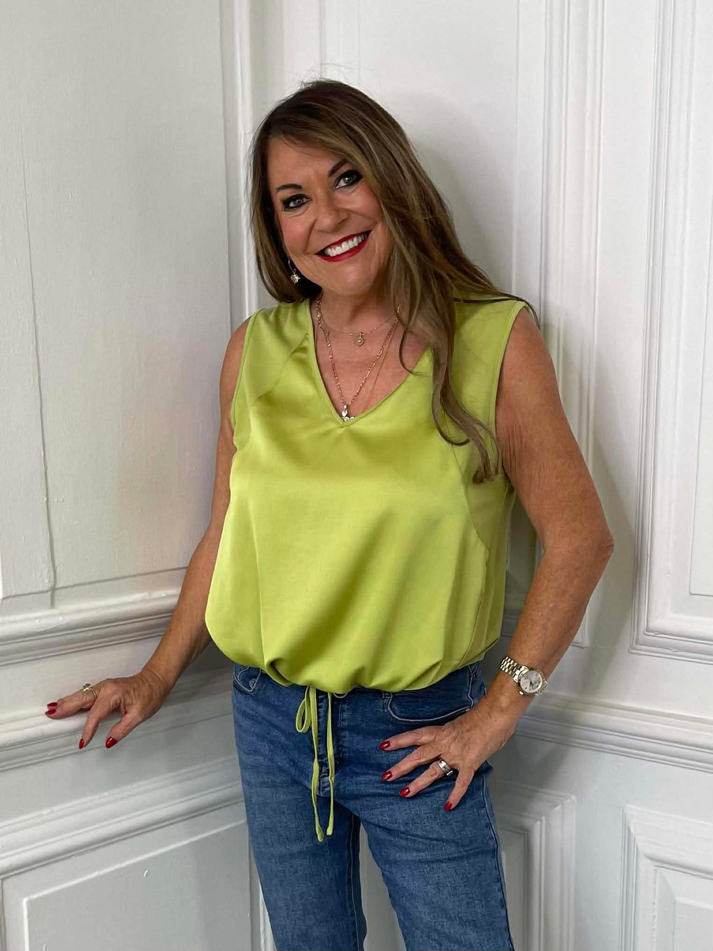 Lime silk-feel drawstring vest with relaxed styling paired with casual jeans for modern womens fashion everyday wear. - Malissa J Silk Feel Drawstring Vest - Lime