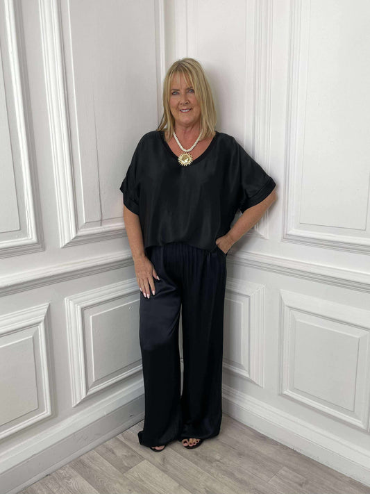 Silk Feel Wide Leg Trousers - Black
