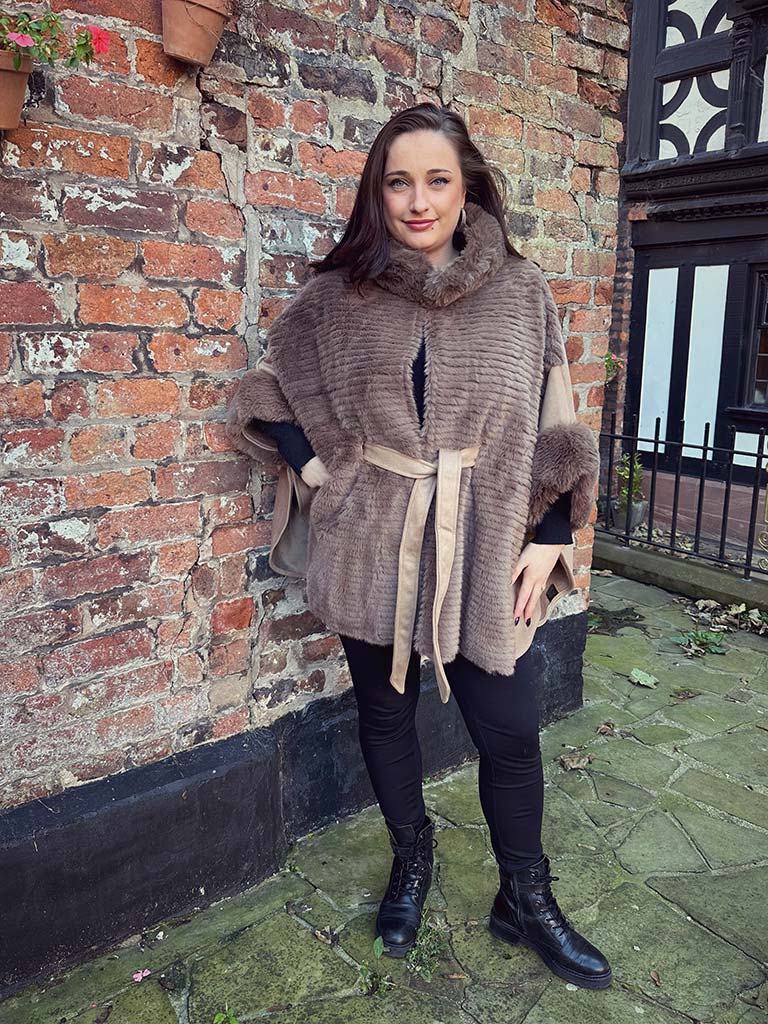 Malissa J Luxe Ribbed Faux Fur Cape - Mocha