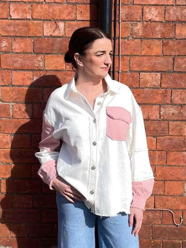 Colour Block Denim Jacket - Pink & White