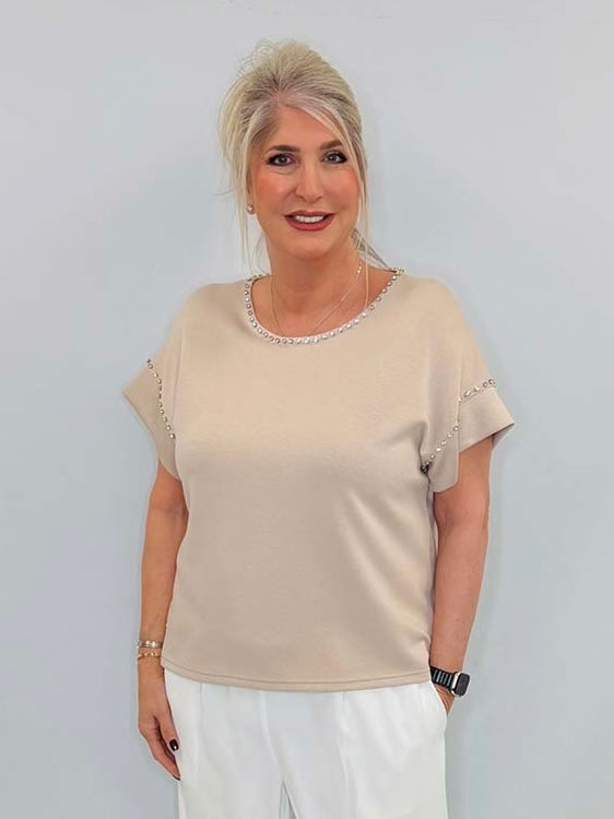 Malissa J Crystal Studded Luxe Tee - Stone