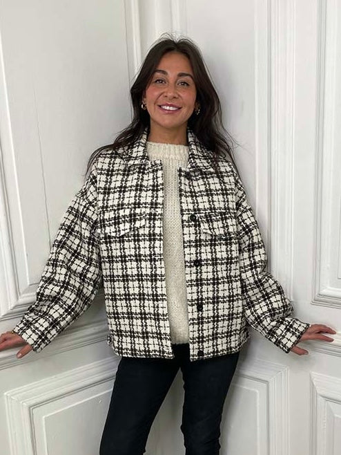 Checked Tweed Jacket - Warm White & Chocolate