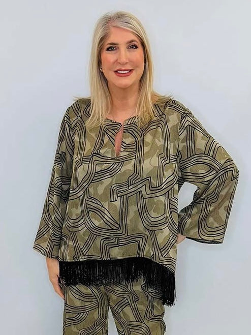 Malissa J Abstract Fringed Top - Taupe