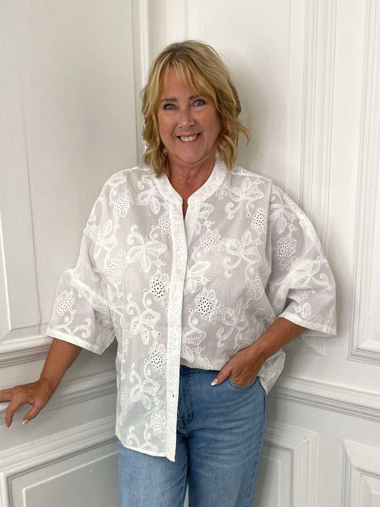Floral Embroidered Cotton Boxy Top
