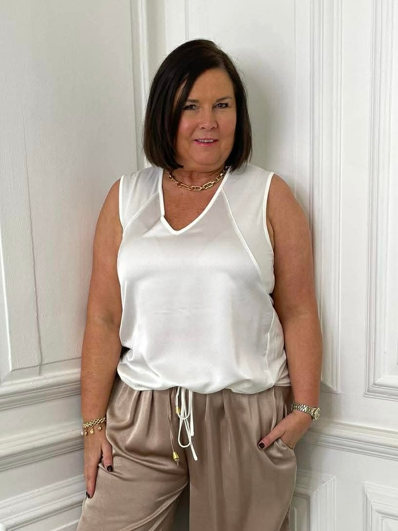Warm white silk feel drawstring vest with relaxed styling for modern womens fashion everyday wear. - Malissa J Silk Feel Drawstring Vest - Warm White