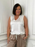 Warm white silk feel drawstring vest with relaxed styling for modern womens fashion everyday wear. - Malissa J Silk Feel Drawstring Vest - Warm White