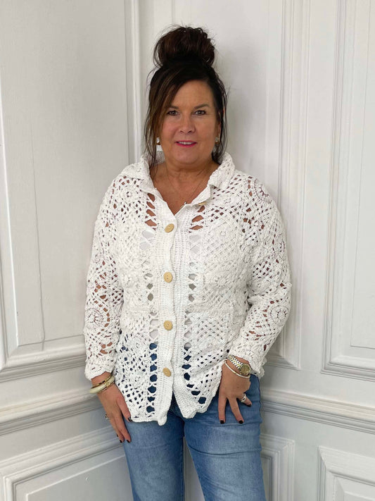 Crochet Knit Button Up Cardigan