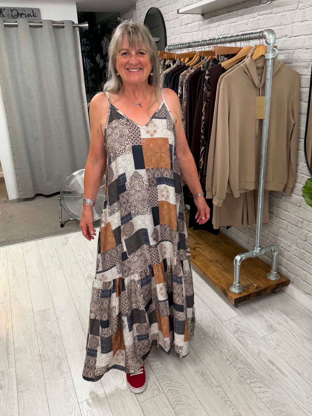 Tile Print Maxi Dress - Navy & Tan