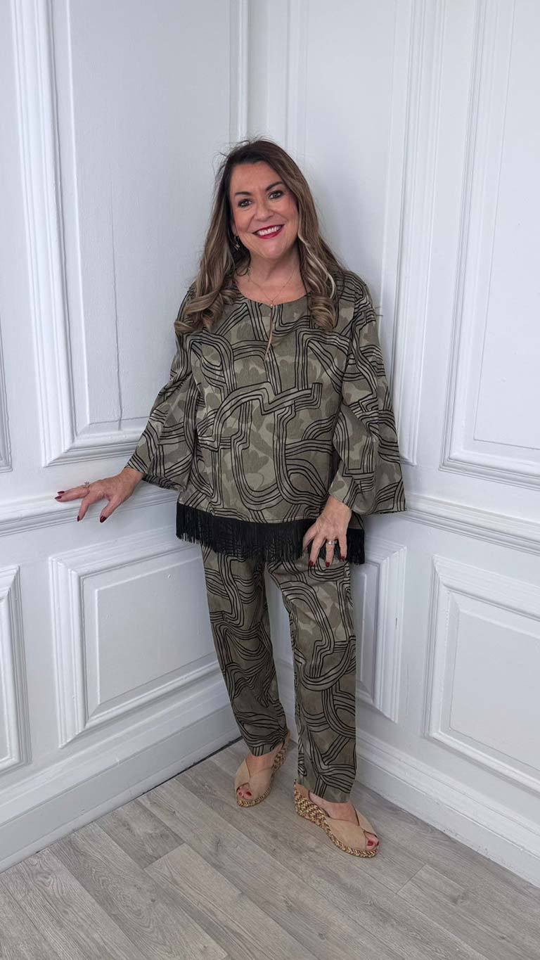 Malissa J Abstract Fringed Top - Taupe