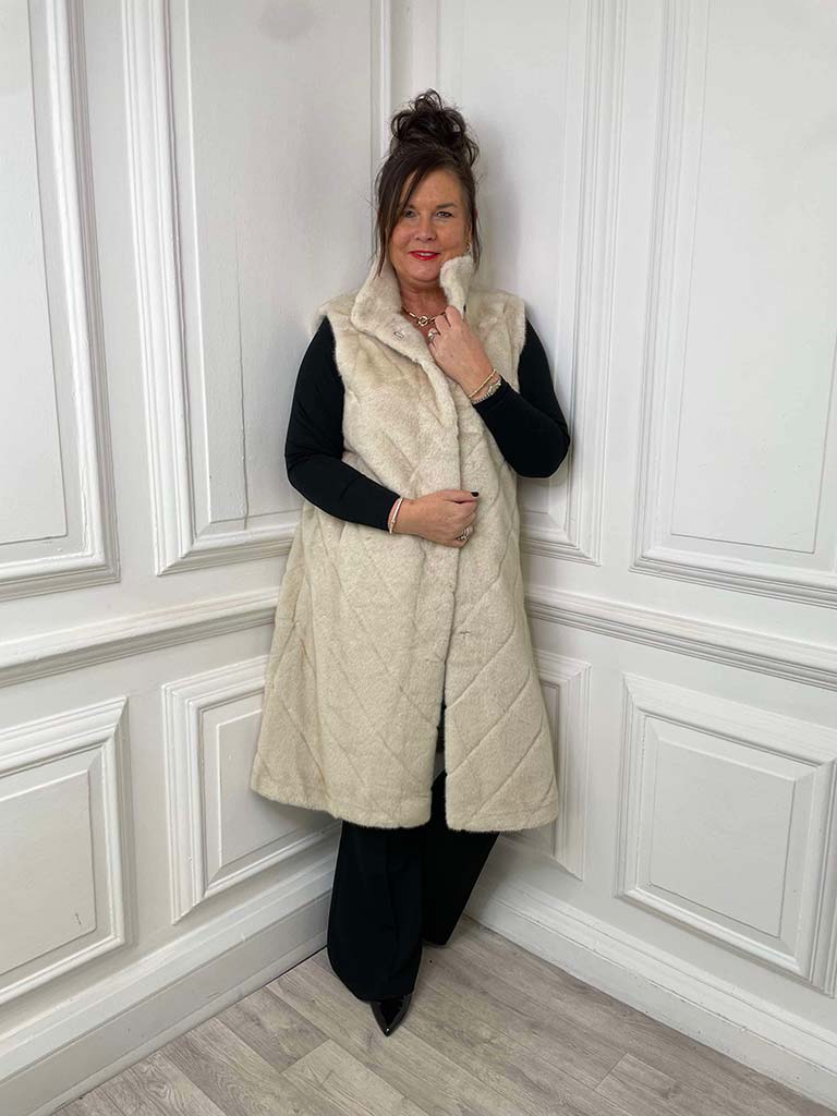 Malissa J Luxe Faux Fur Chevron Long Gilet - Cream