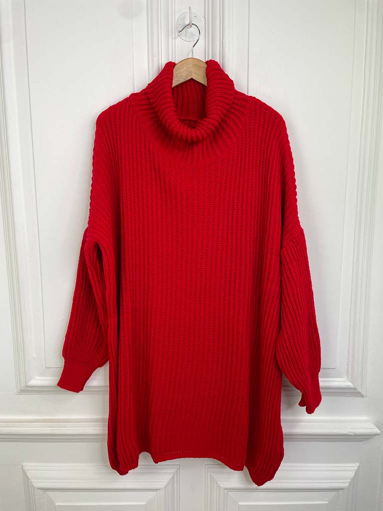 Chunky Weave Roll Neck Tunic - Red