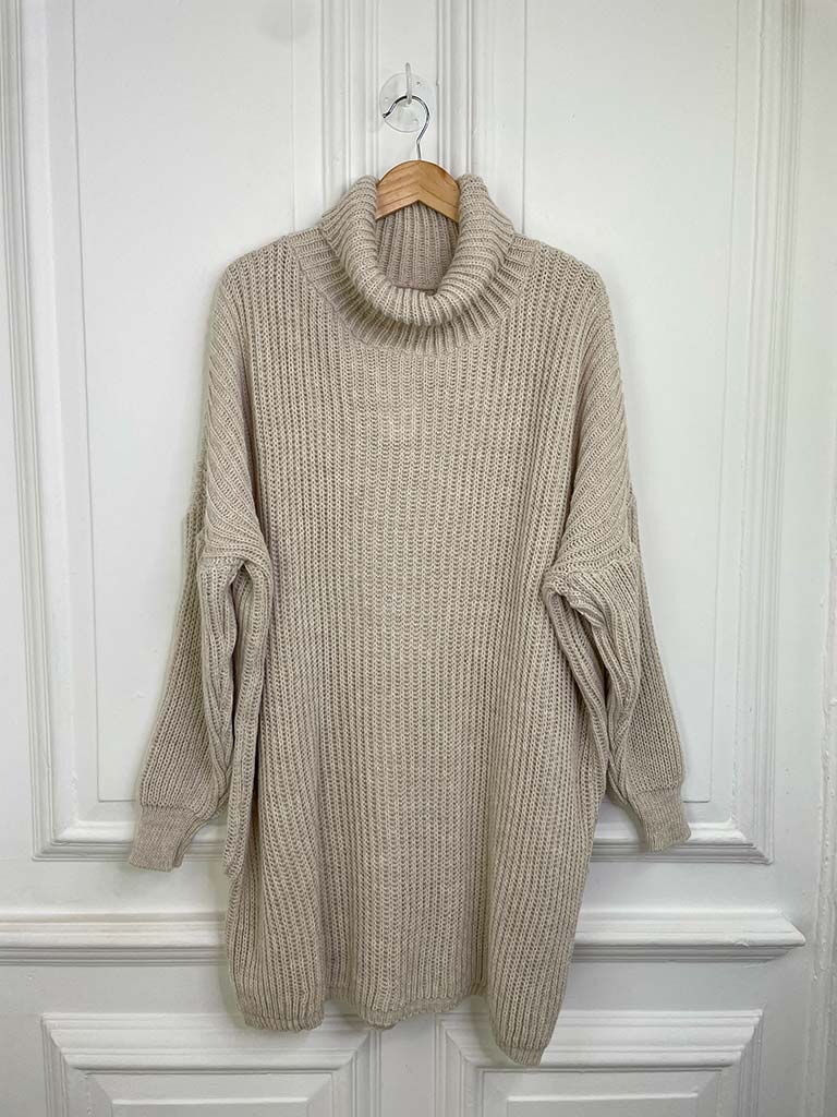 Chunky Weave Roll Neck Tunic - Stone