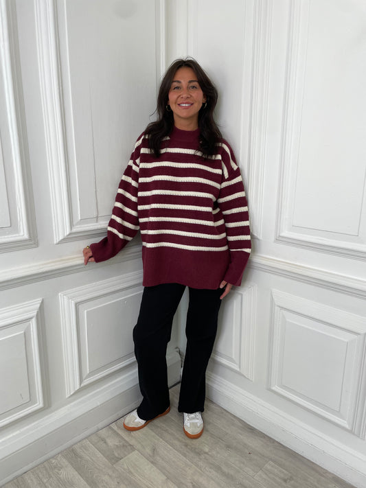 High Neck Striped Knit - Burgundy & Ecru