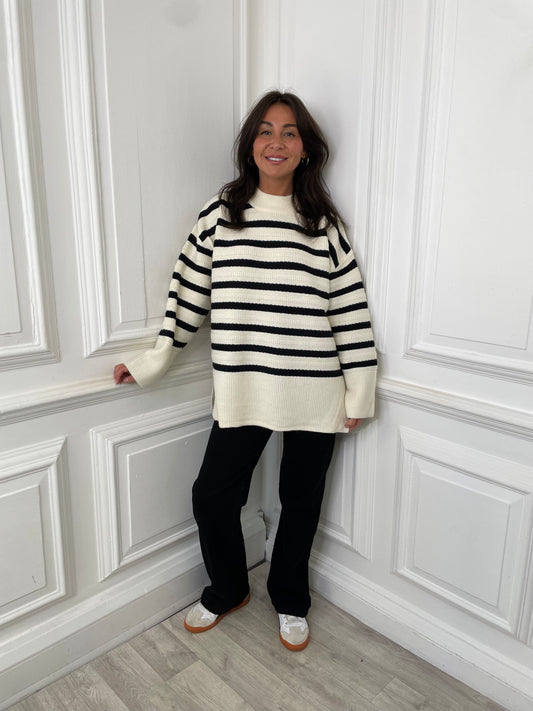 High Neck Striped Knit - Ecru & Black