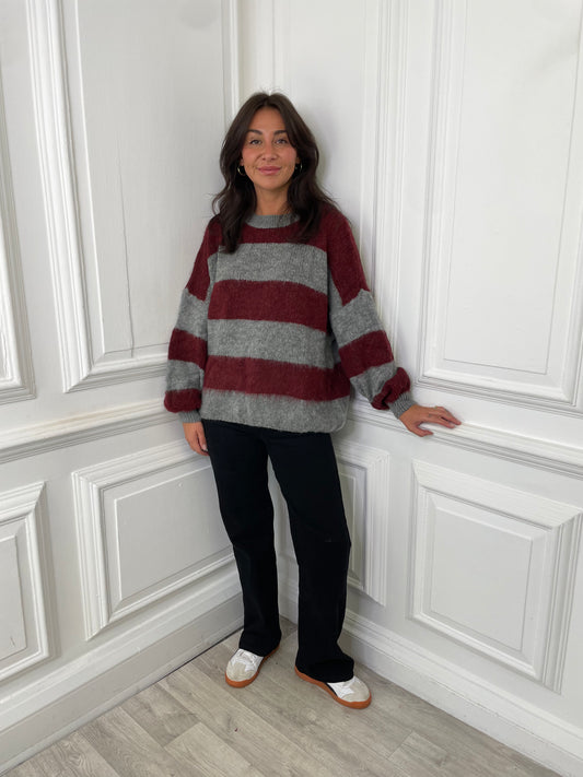 Block Striped Knit - Burgundy & Grey