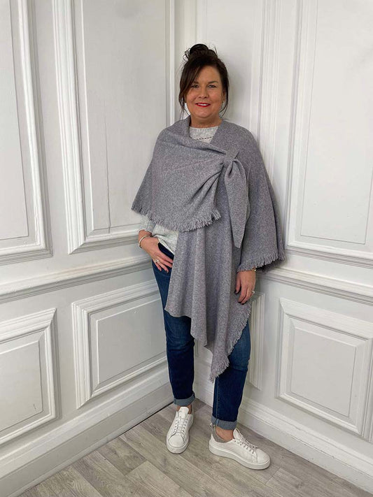 Fringed Knitted Wrap Cape - Grey Marl